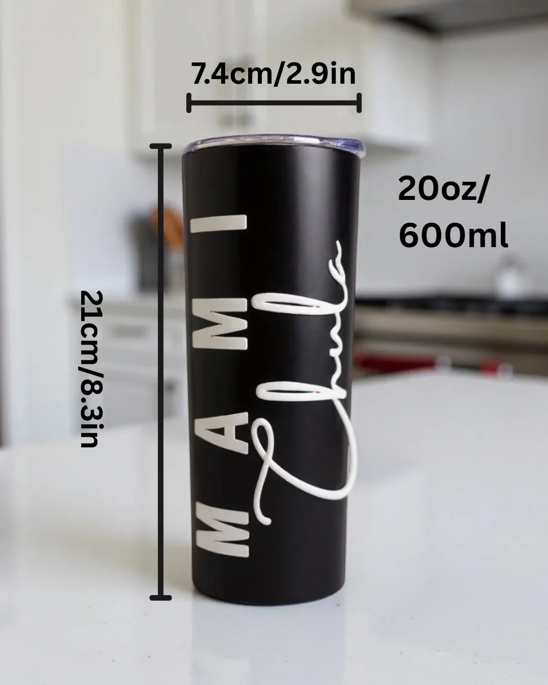 Black tumbler with 'Mami Chula' text, shown with measurements on a blurred kitchen background.