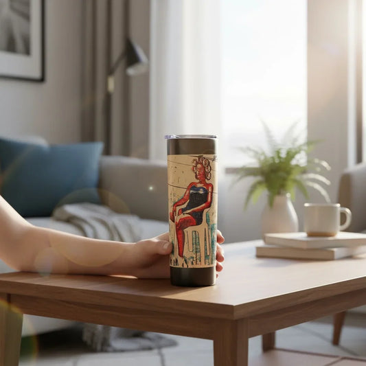 Person holding a cylindrical mug with a design on a wooden table in a living room.