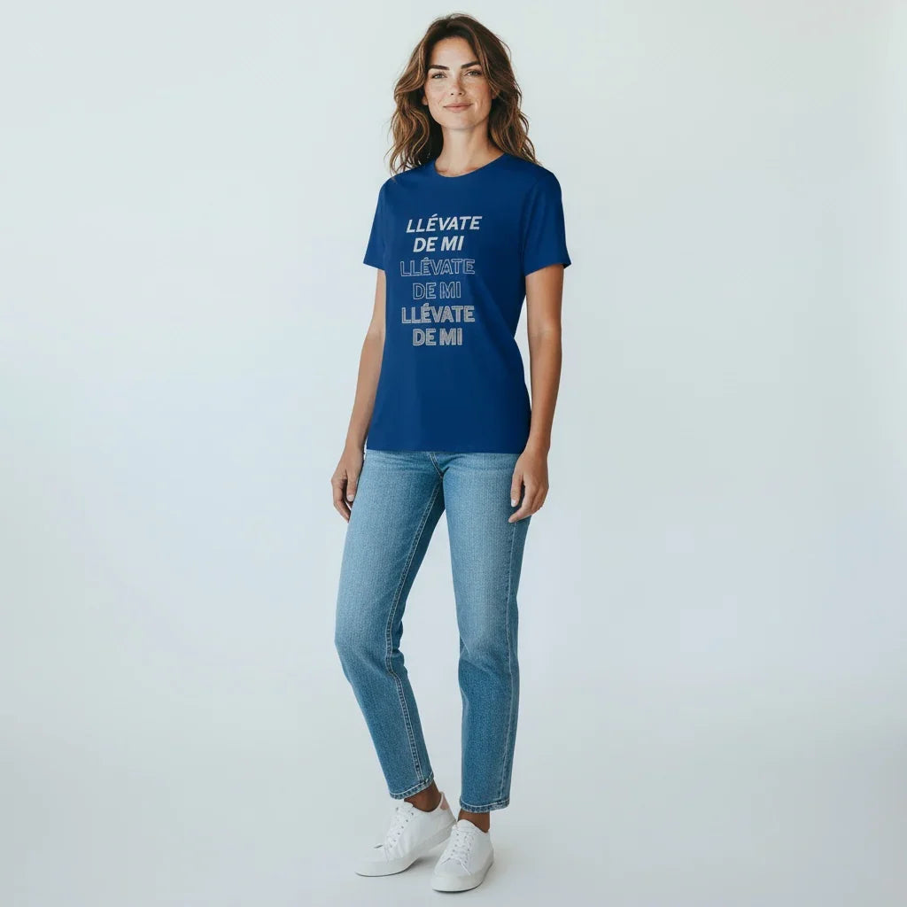 Llévate De Mi Unisex T-Shirt front view | Bold attitude unisex t-shirt | Spanish phrase graphic tee | Streetwear style statement shirt | Soft cotton casual t-shirt | Llévate De Mi shirt folded flat lay | Cultural pride unisex t-shirt | Confident statement fashion tee | Lightweight breathable unisex top | Llévate De Mi shirt close-up print | Trendy everyday outfit unisex tee | Durable print graphic cotton t-shirt