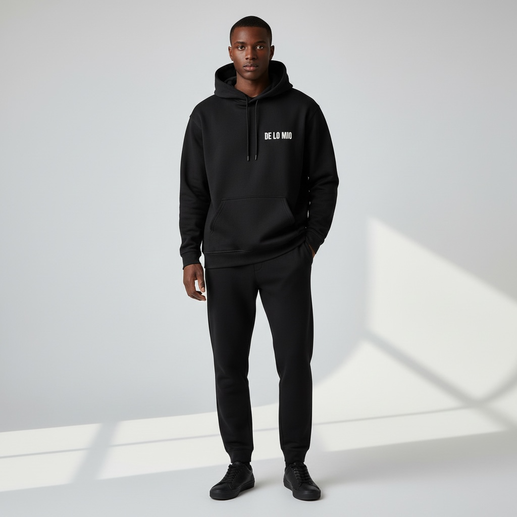 Person wearing a black hoodie and pants with 'DE LO MIO' text on a white background